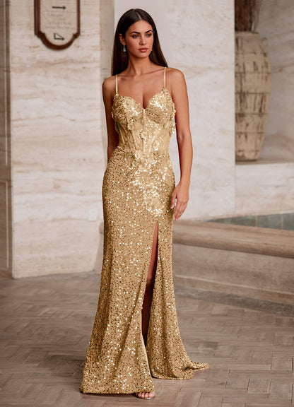 Velvetine Champagne Applique Sequin Prom Dress  Dress