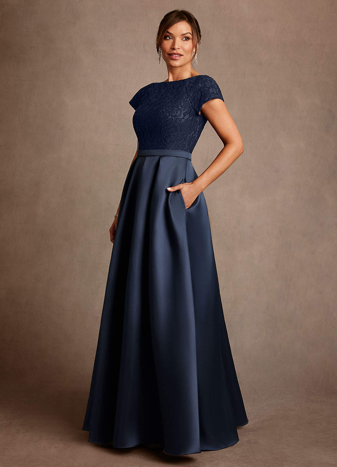 Dark Navy A-Line Pleated Lace Dress