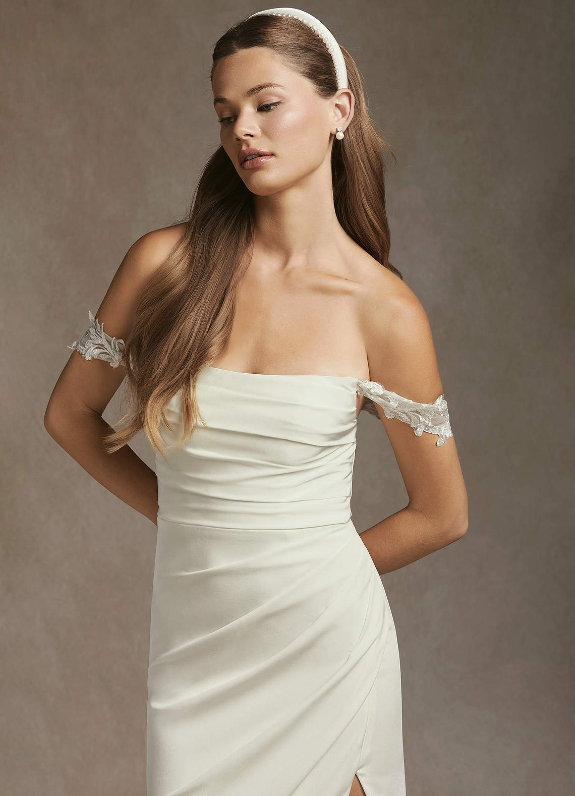 Cream Mermaid Off-The-Shouler Sequins Crepe Back Satin Dress