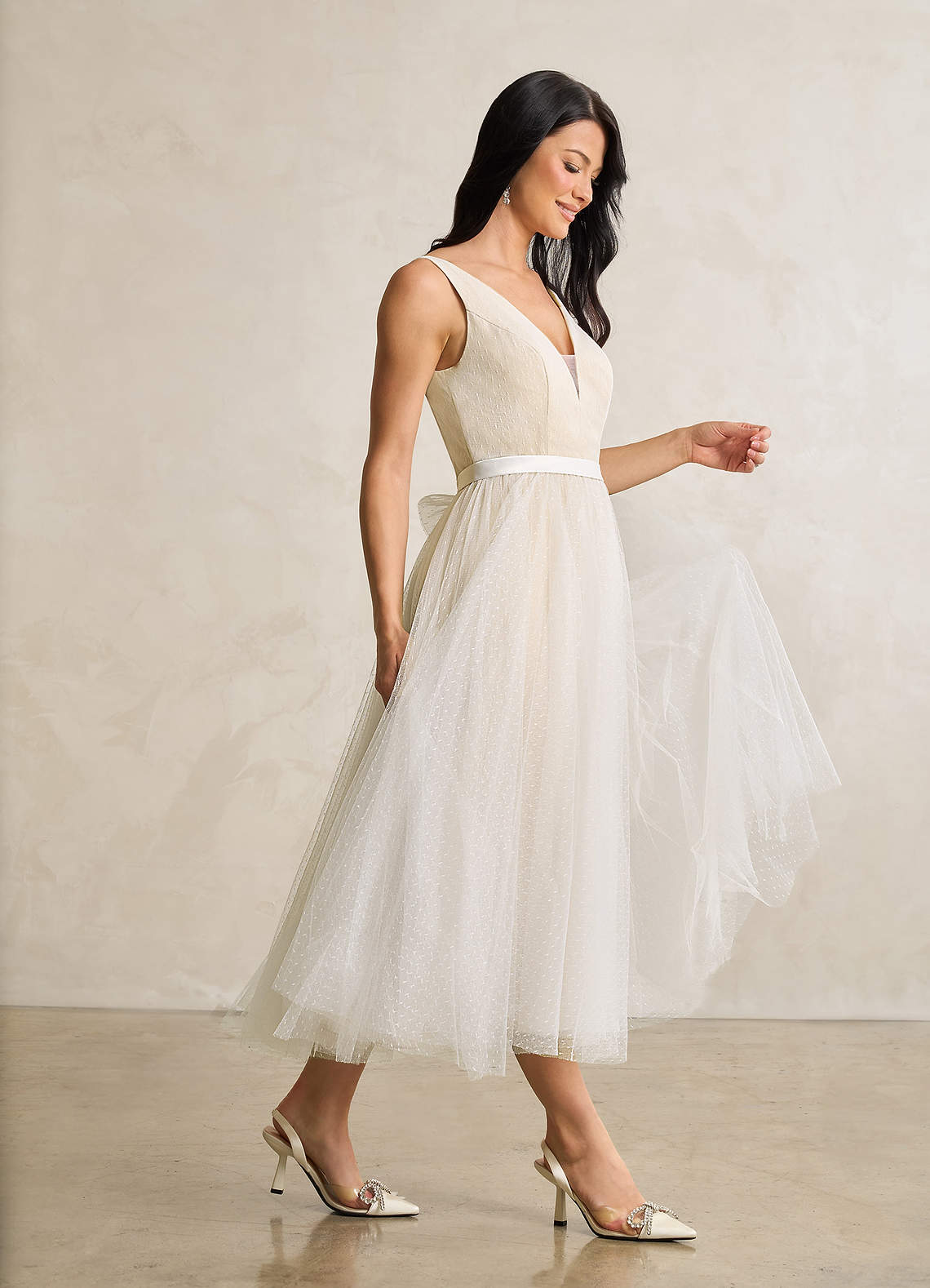 Diamond White Champagne A-Line Bow Tulle Dress