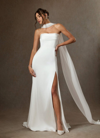 Diamond White Sheath Side Slit Stretch Satin Dress