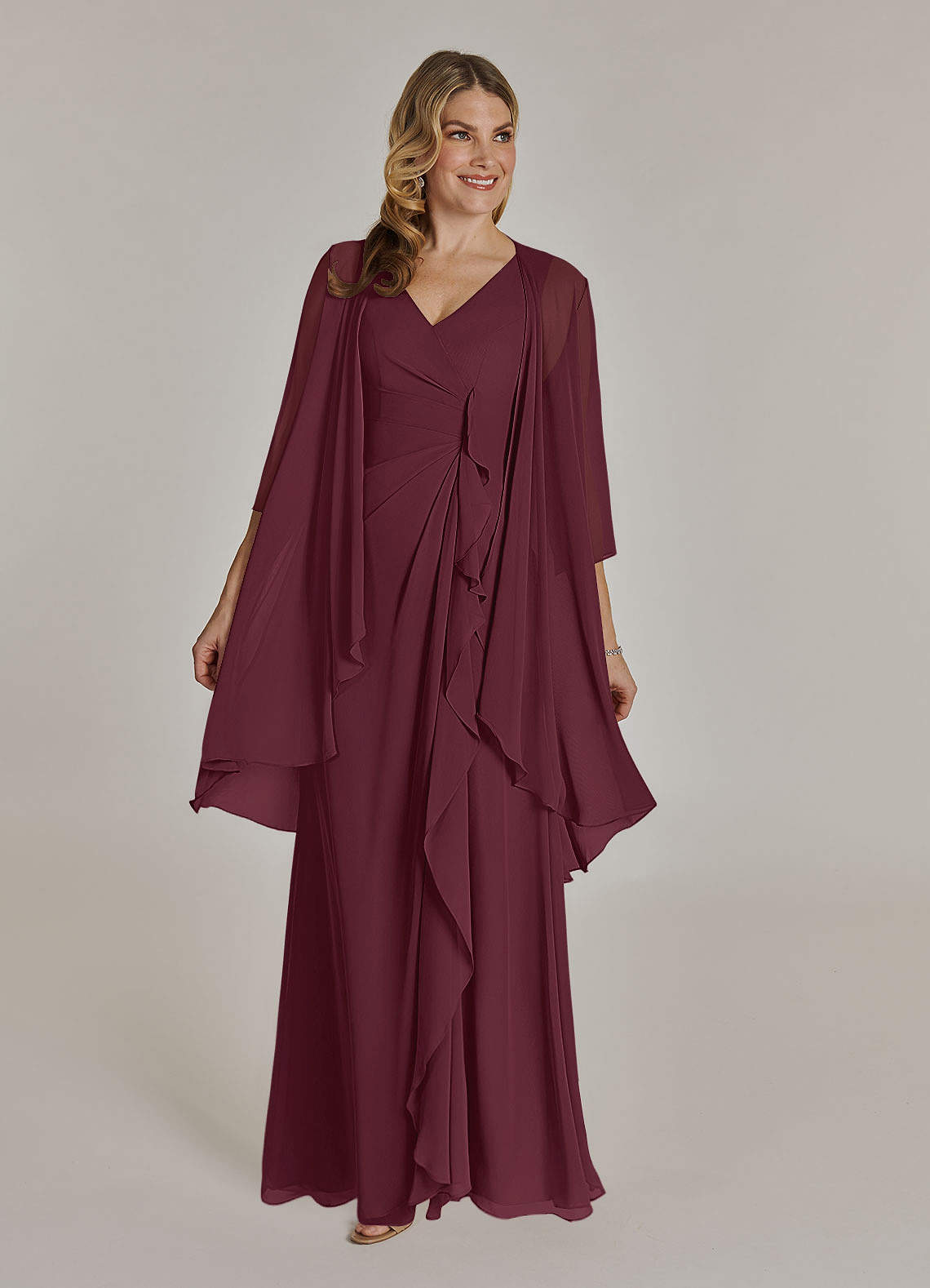 Cabernet A-Line V-Neck Pleated Chiffon Dress