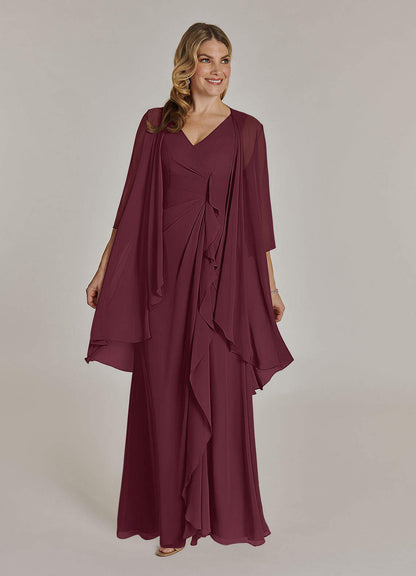 Cabernet A-Line V-Neck Pleated Chiffon Dress