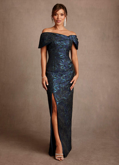 Dark Navy Sheath Off the Shoulder Floral Jacquard Dress