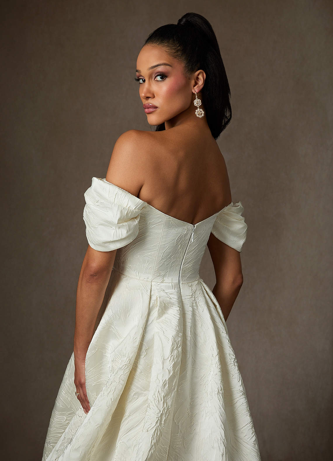 Antique White Ball-Gown Floral Jacquard Dress