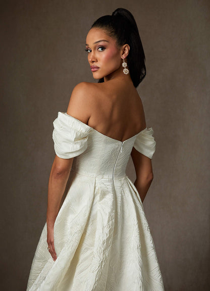 Antique White Ball-Gown Floral Jacquard Dress