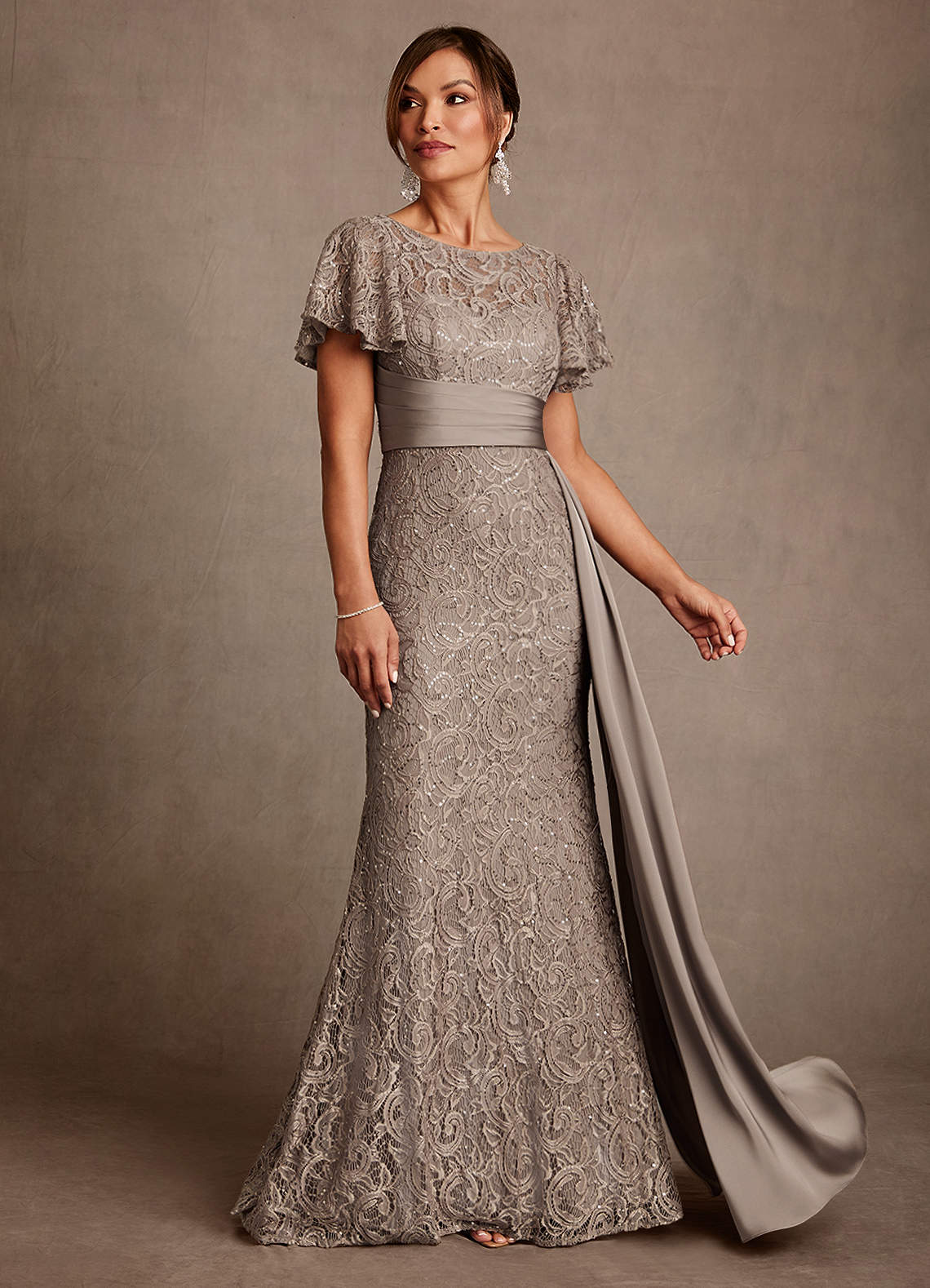 Taupe Mermaid Pleated Lace Dress