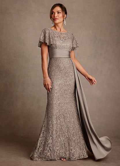 Taupe Mermaid Pleated Lace Dress