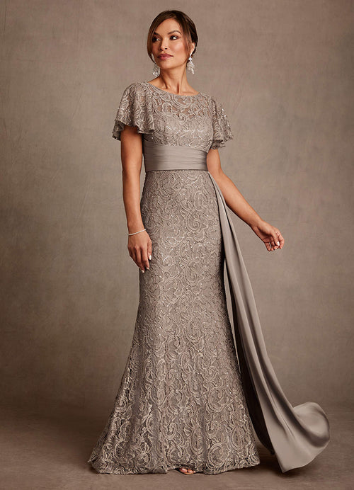 Taupe Mermaid Pleated Lace Dress