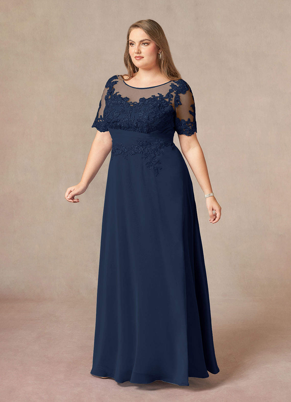 Dark Navy A-Line Lace Chiffon Dress
