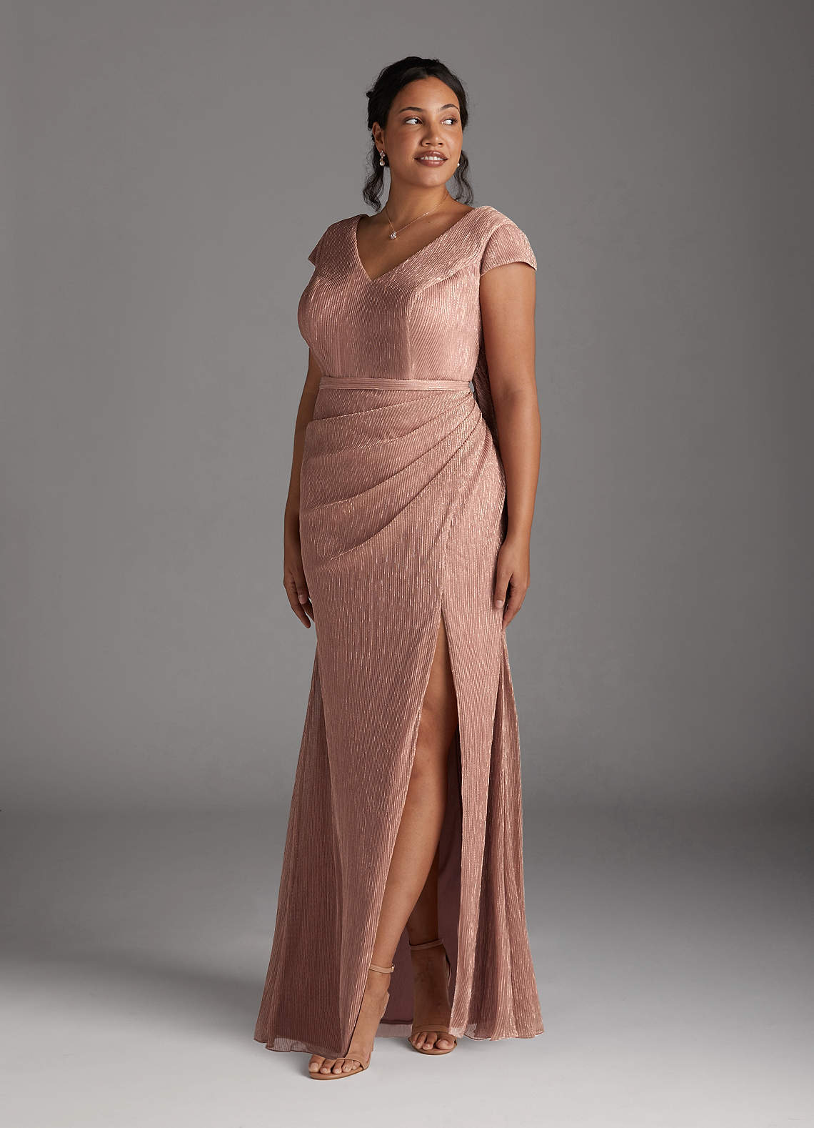 Rose Gold Mermaid V-Neck Metallic Mesh Dress
