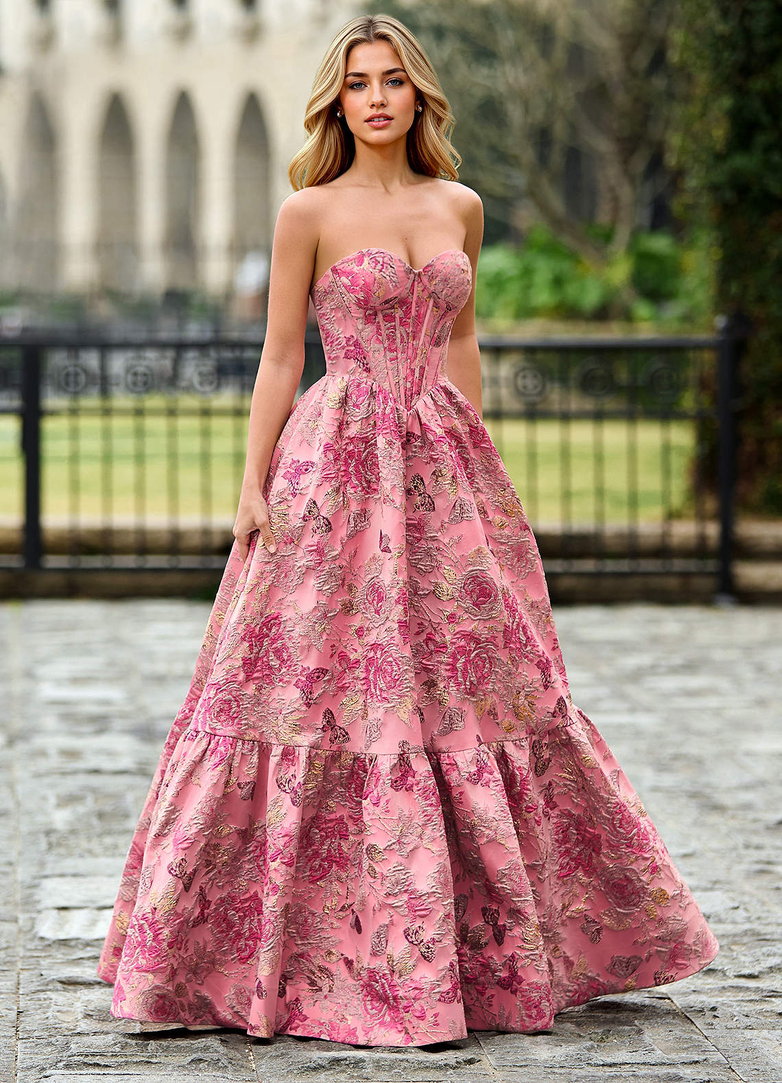 Rosemarnder Rose Pink Jacquard Flowers Prom Dress