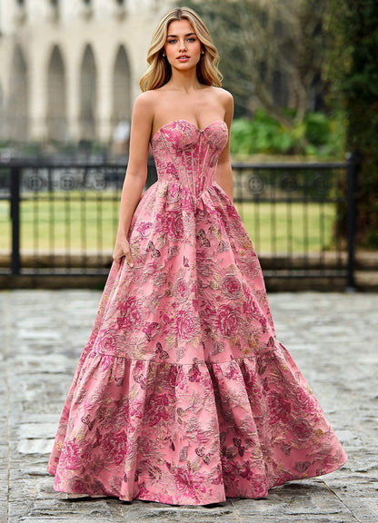 Rosemarnder Rose Pink Jacquard Flowers Prom Dress