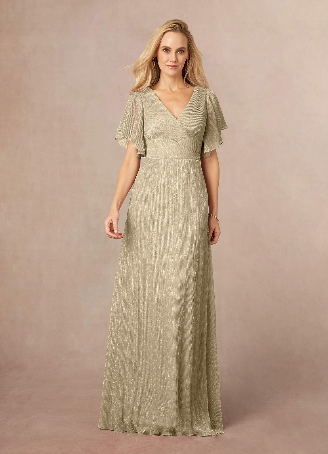 Champagne Gold A-Line V-Neck Flutter Sleeve Metallic Mesh Dress