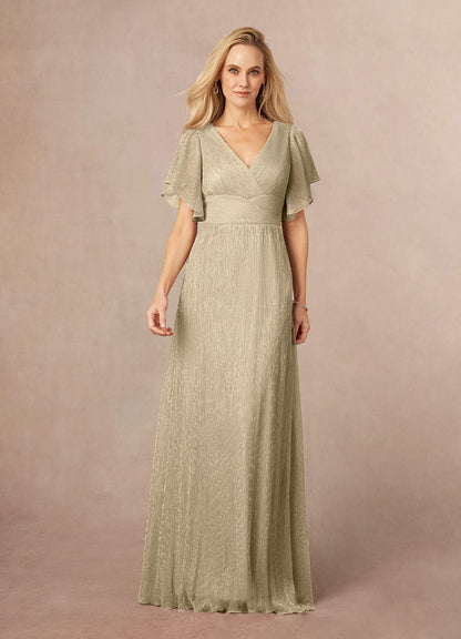 Champagne Gold A-Line V-Neck Flutter Sleeve Metallic Mesh Dress