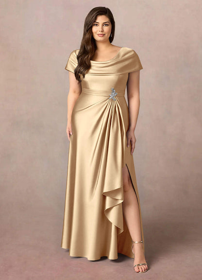 Champagne A-Line Pleated Stretch Satin Dress