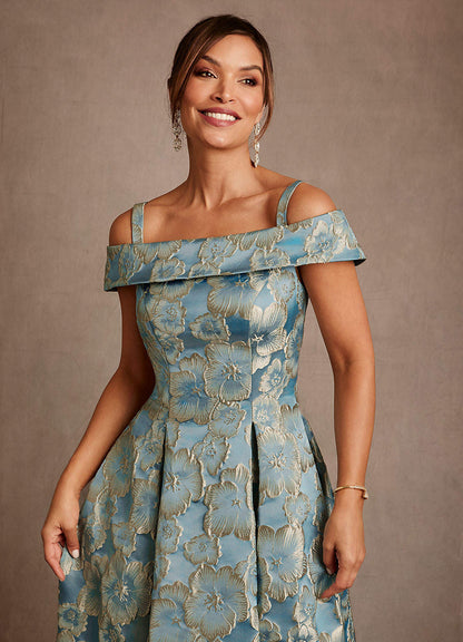 Lake Blue Jacquard A-Line Off the Shoulder Floral Jacquard Dress