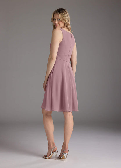 Dusty Rose A-Line Scoop Pleated Chiffon Dress