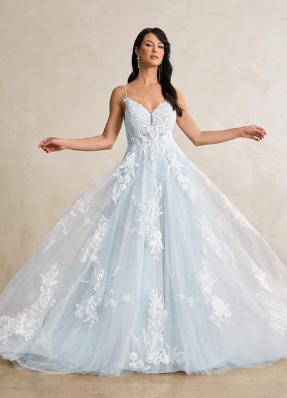 Misty Blue A-Line V-Neck Sequins Tulle Dress