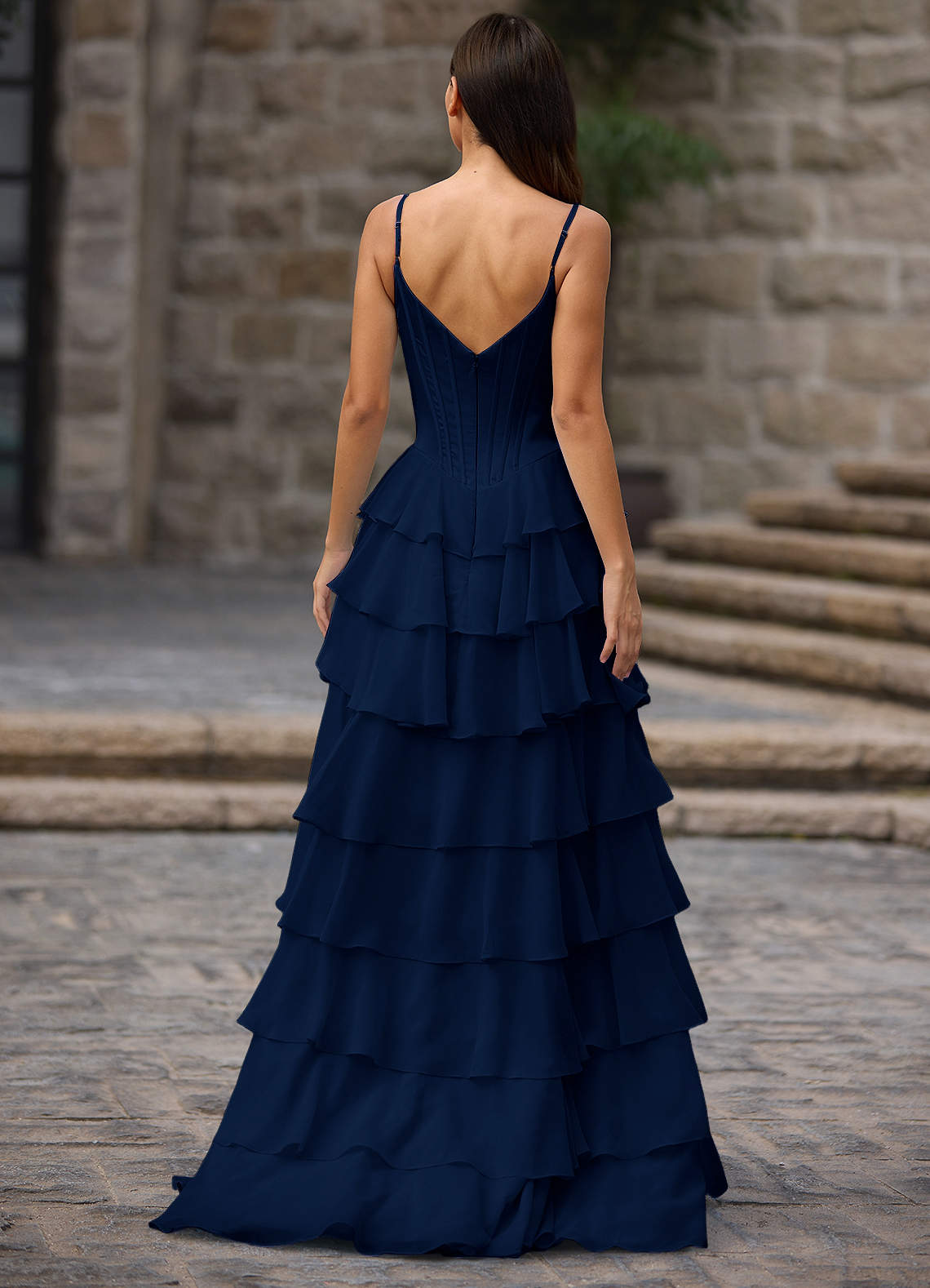 Floralace Navy Ruffled A-Line Prom Dress
