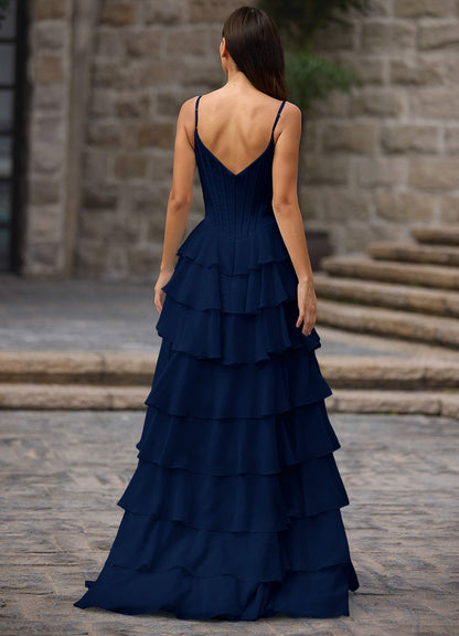 Floralace Navy Ruffled A-Line Prom Dress