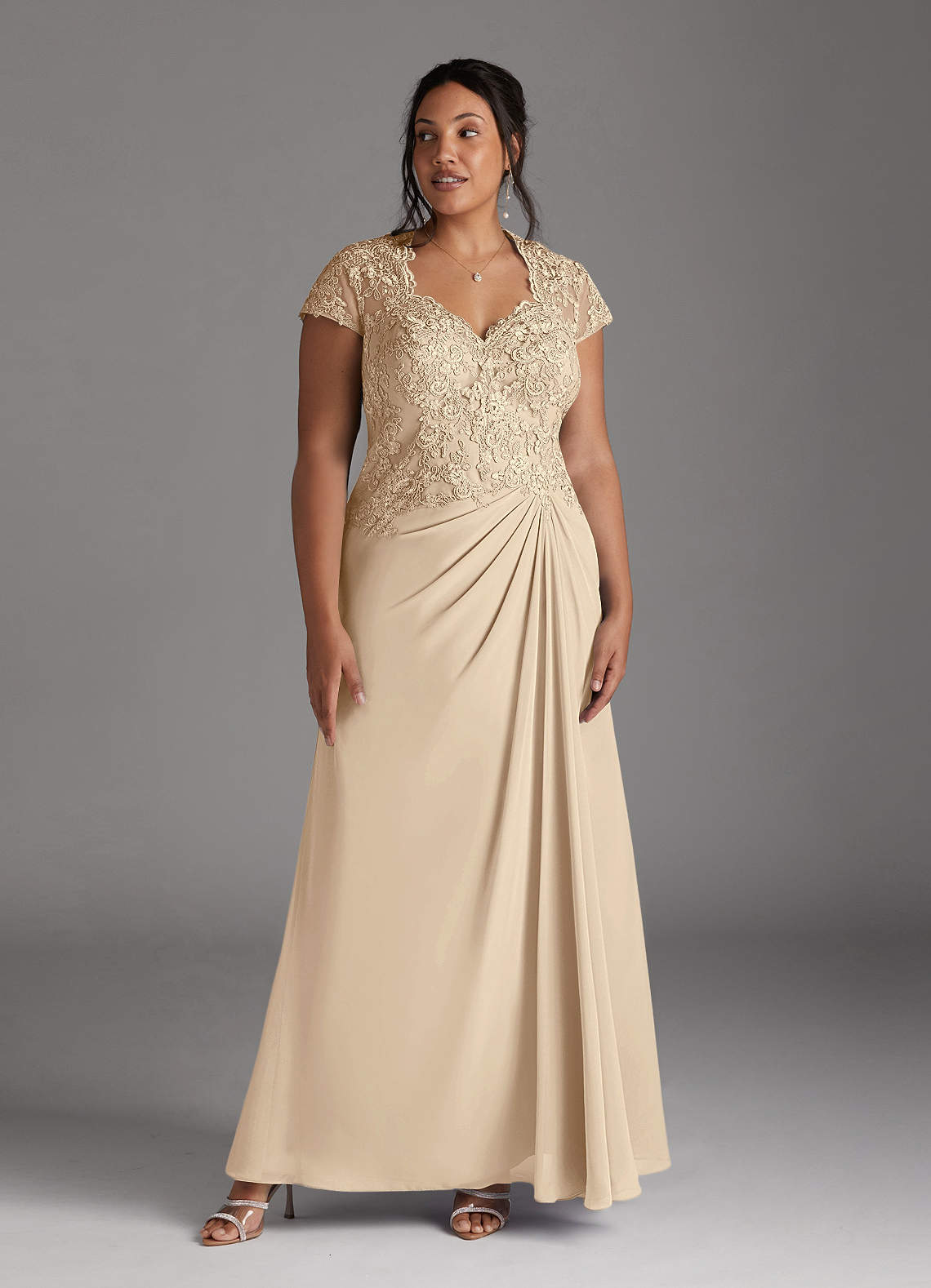 Champagne A-Line Lace Chiffon Dress