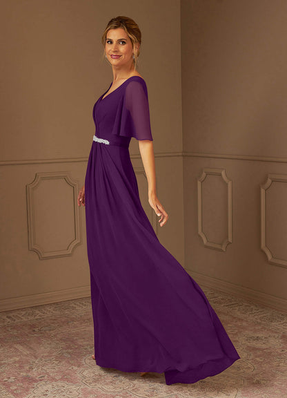 Grape A-Line V-Neck Pleated Chiffon Dress