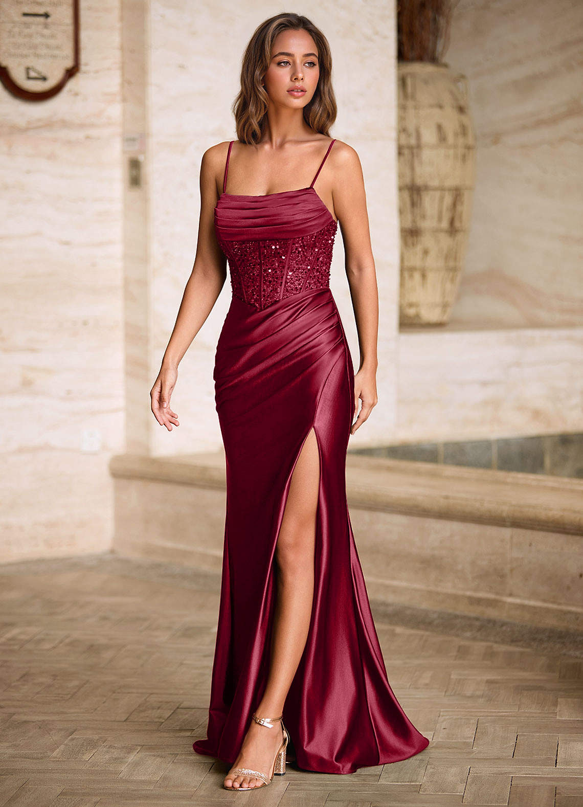 Starlit Burgundy Cowl Neck Prom Dress  Dress