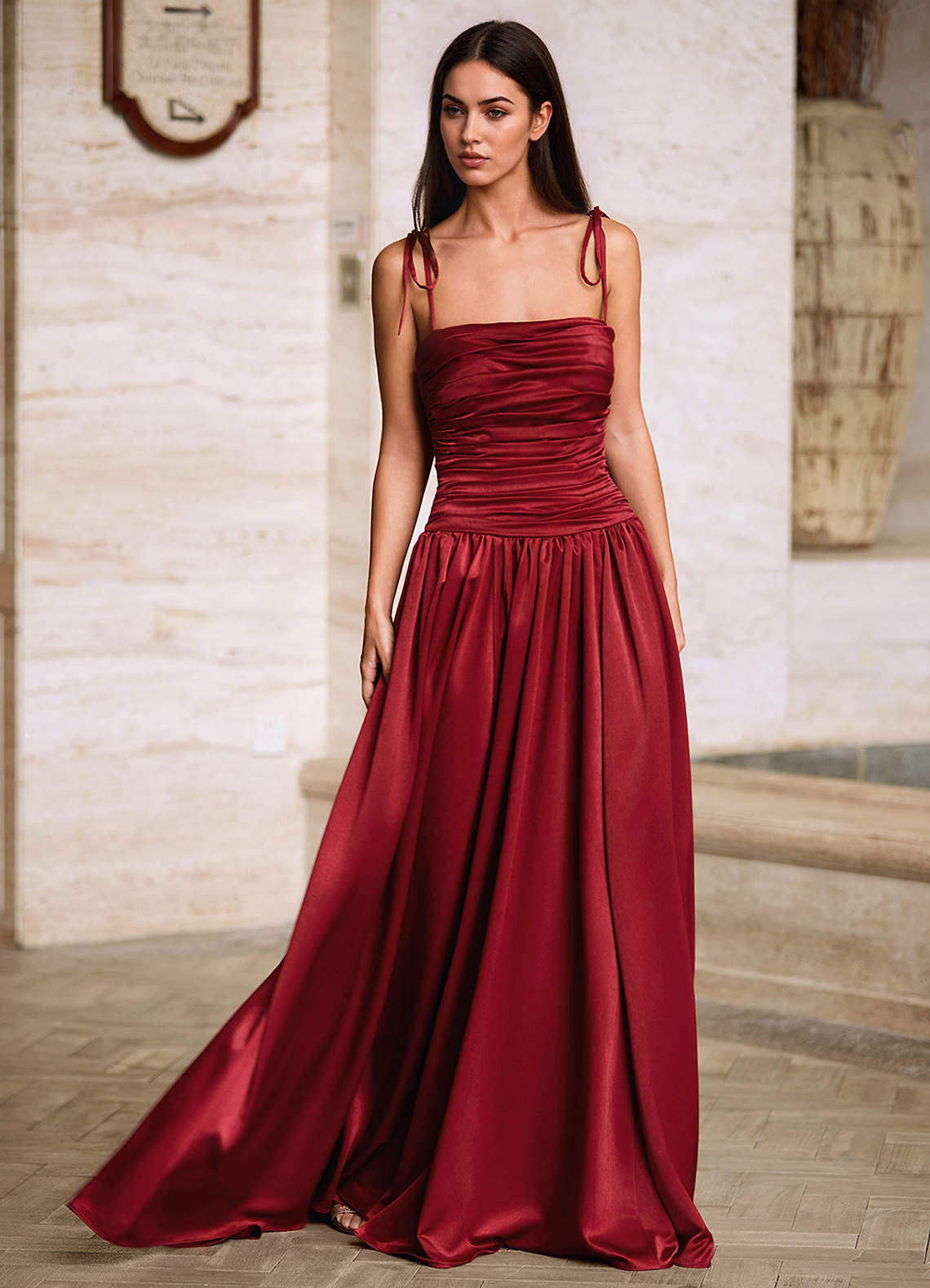 Luxa Burgundy Square Neckline Pleated Prom Dress