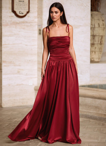 Luxa Burgundy Square Neckline Pleated Prom Dress