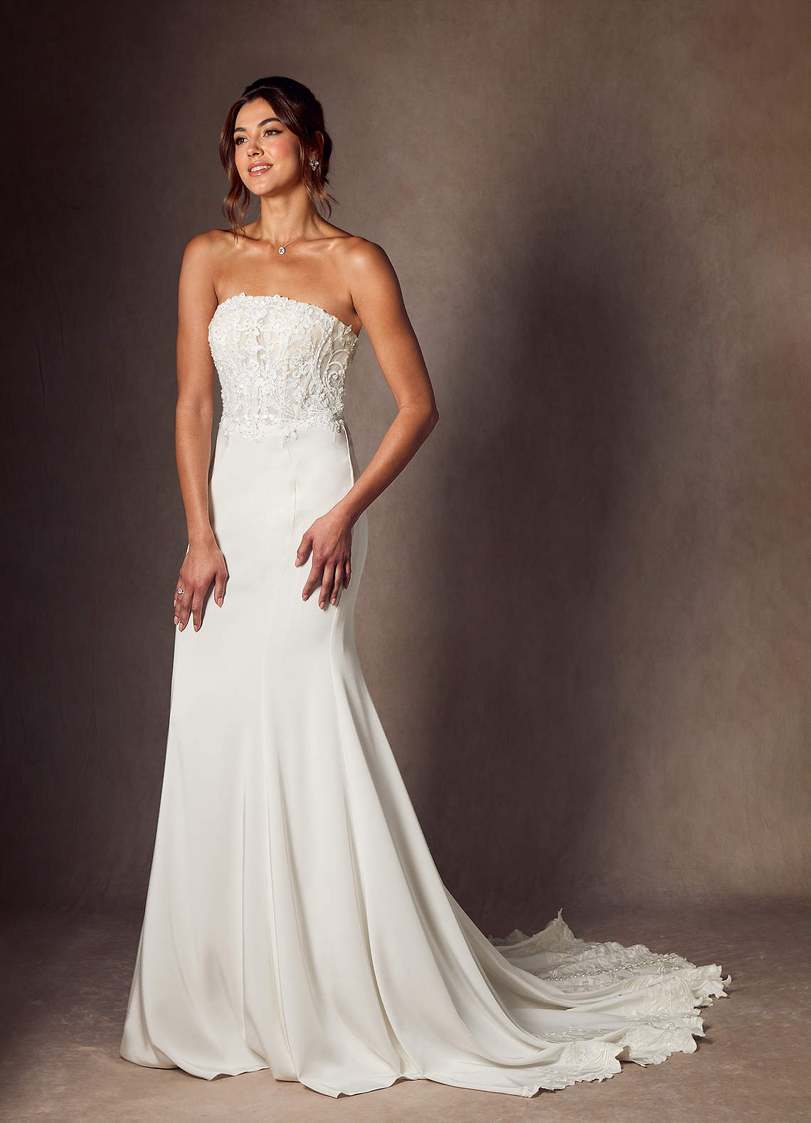 Diamond White Mermaid Lace Crepe Back Satin Dress