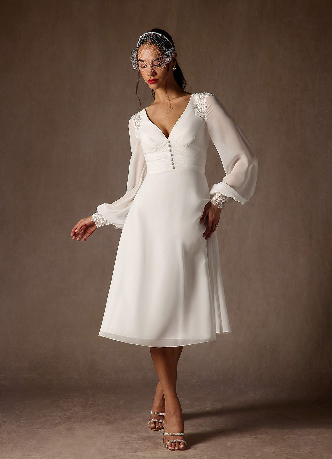 Diamond White A-Line V-Neck Lace Chiffon Dress