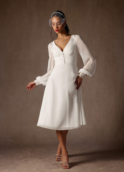 Diamond White A-Line V-Neck Lace Chiffon Dress