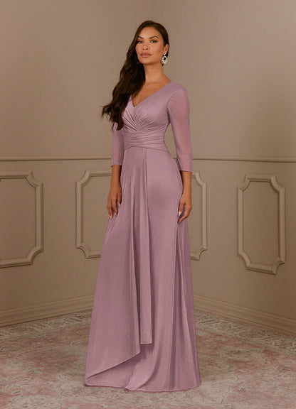 Dusty Rose A-Line V-Neck Pleated Mesh Dress