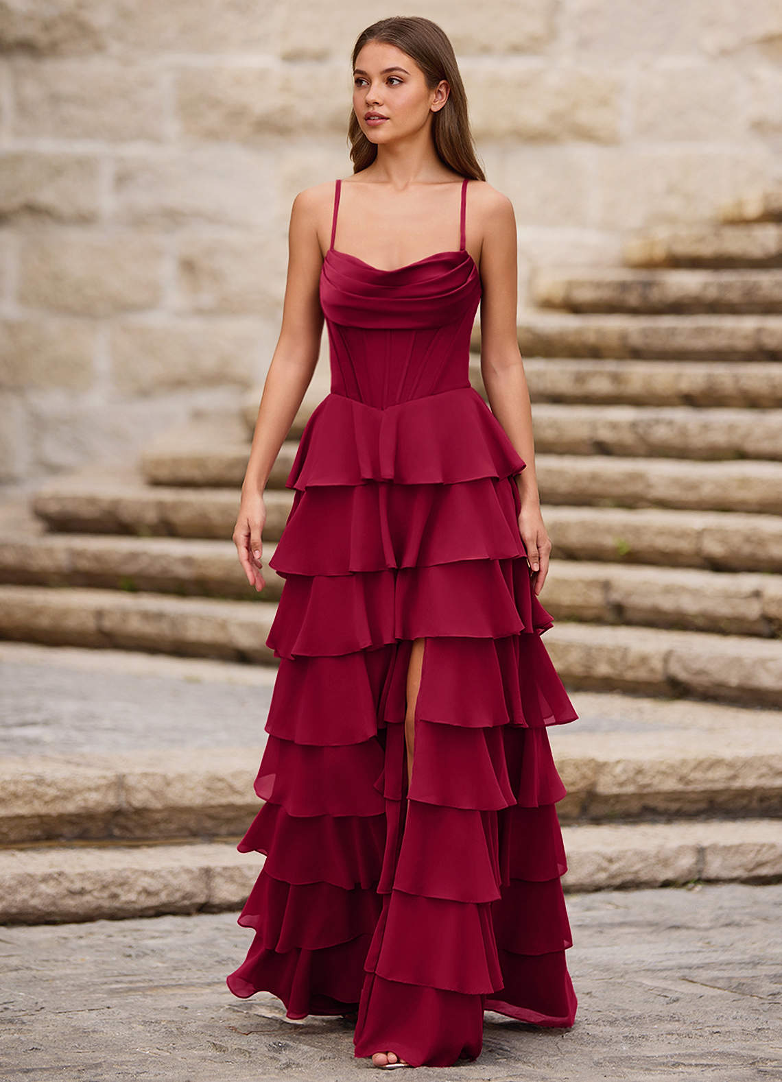 Rhythm Dark Red Ruffled A-Line Prom Dress  Dress