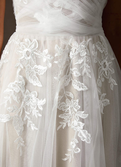 Diamond White A-Line Illusion Off-The-Shouler Lace Tulle Dress