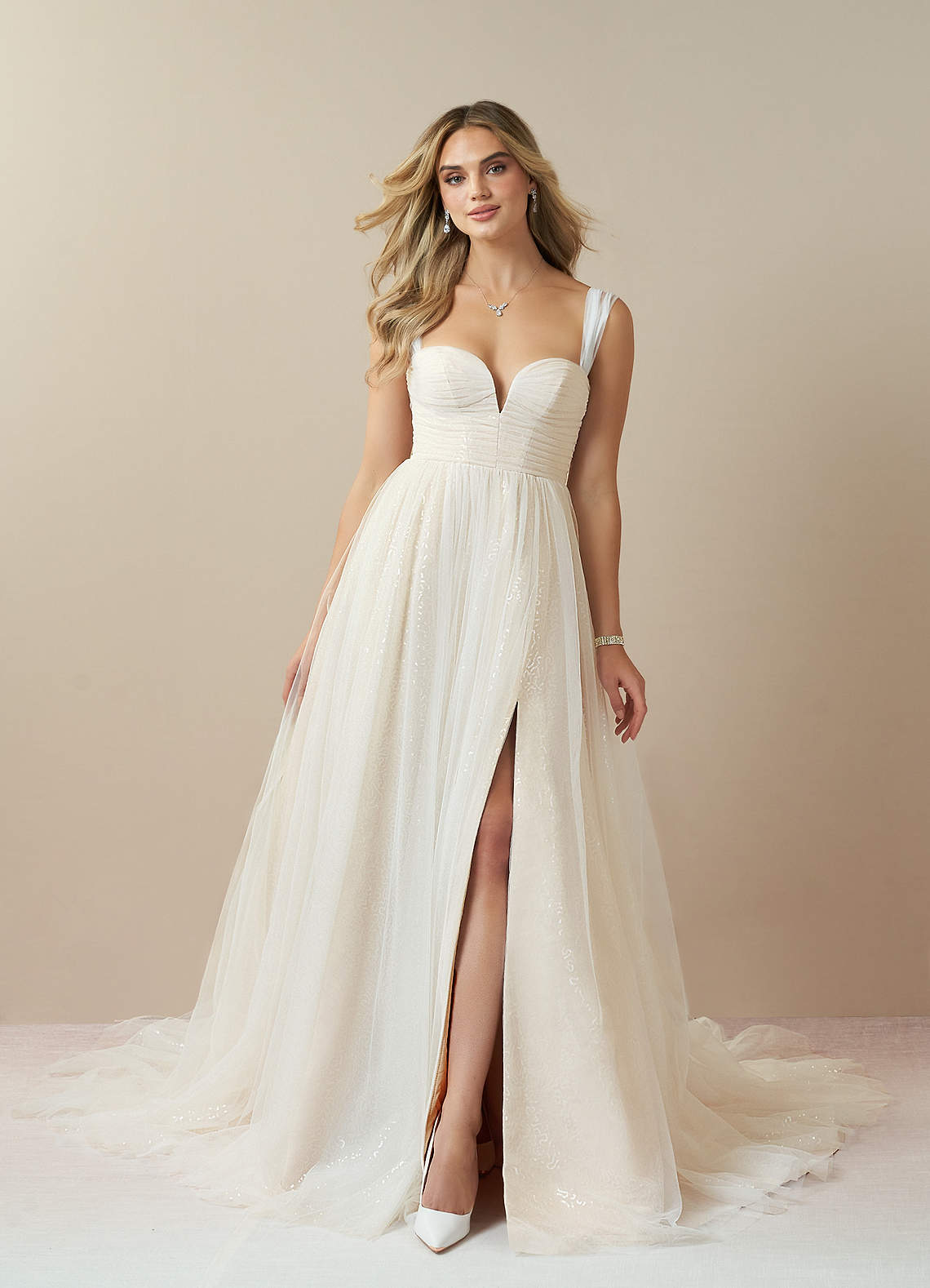 Diamond White Champagne A-Line Off the Shoulder Tulle Dress