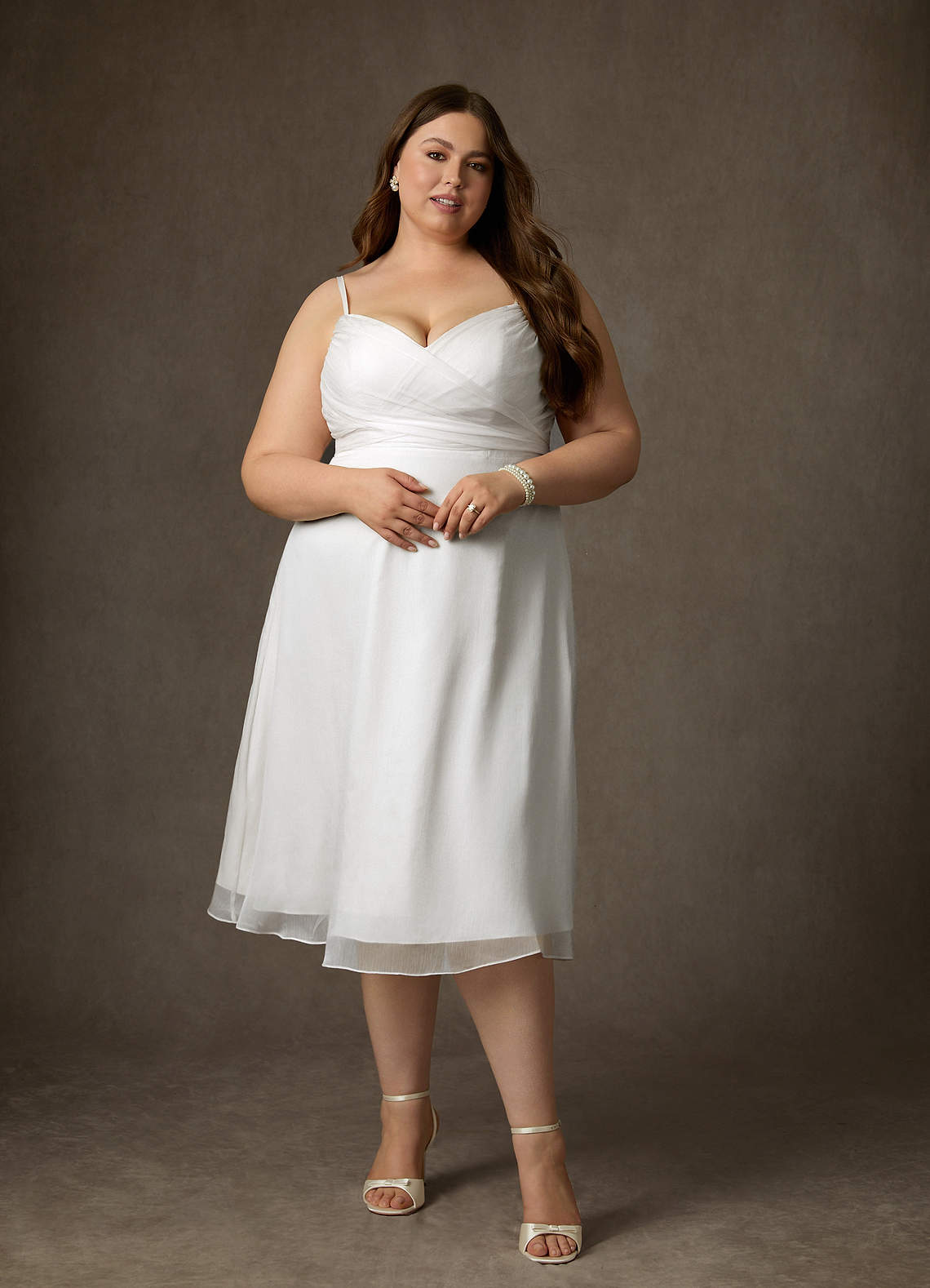 Diamond White A-Line V-Neck Pleated Crinkle Chiffon Dress
