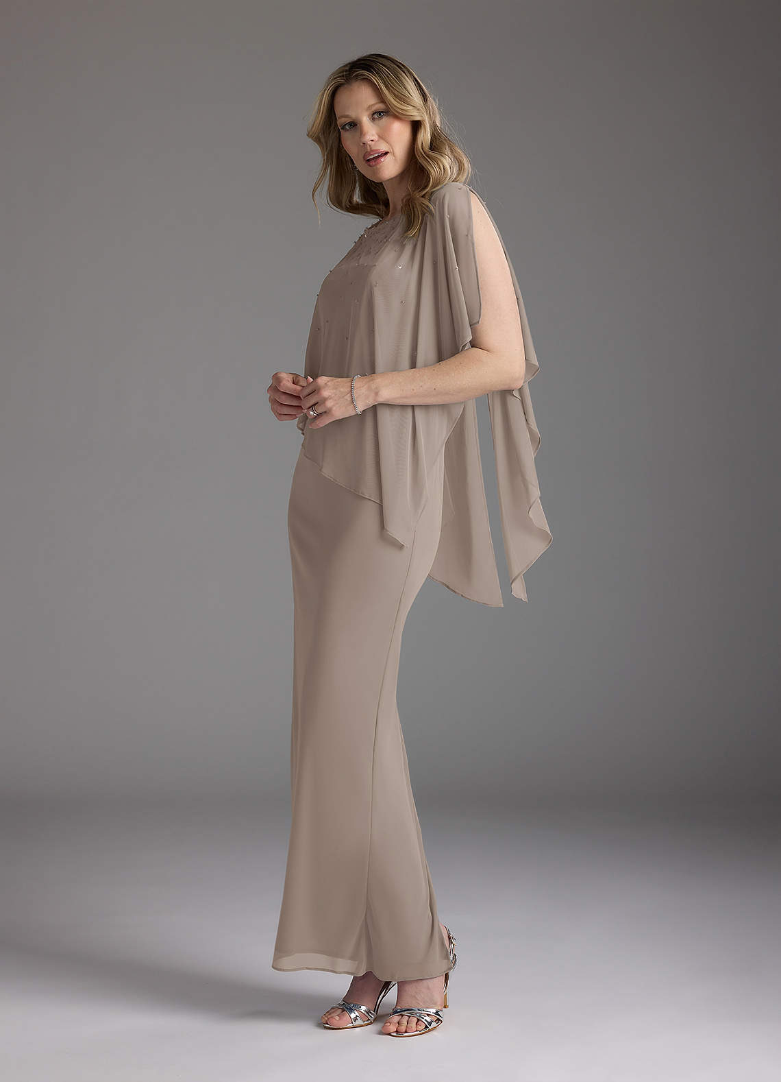 Taupe Sheath Beaded Mesh Dress