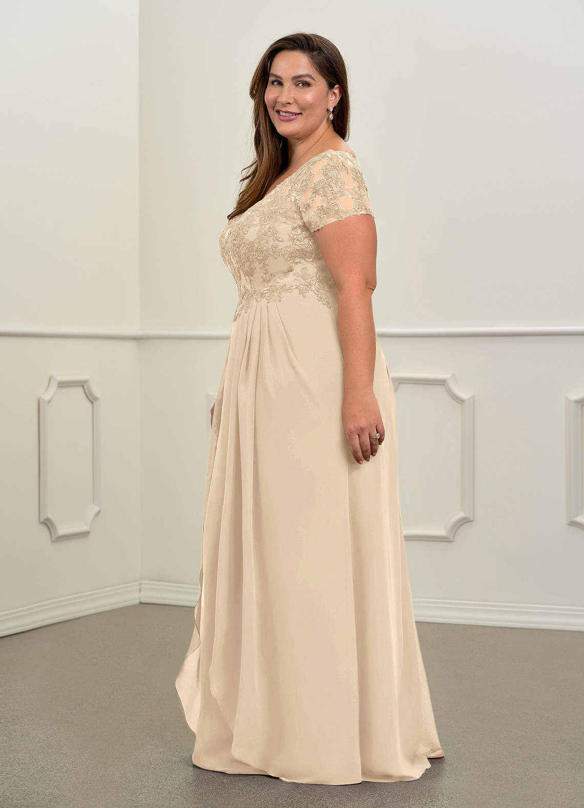 Champagne A-Line V-Neck Lace Chiffon Dress