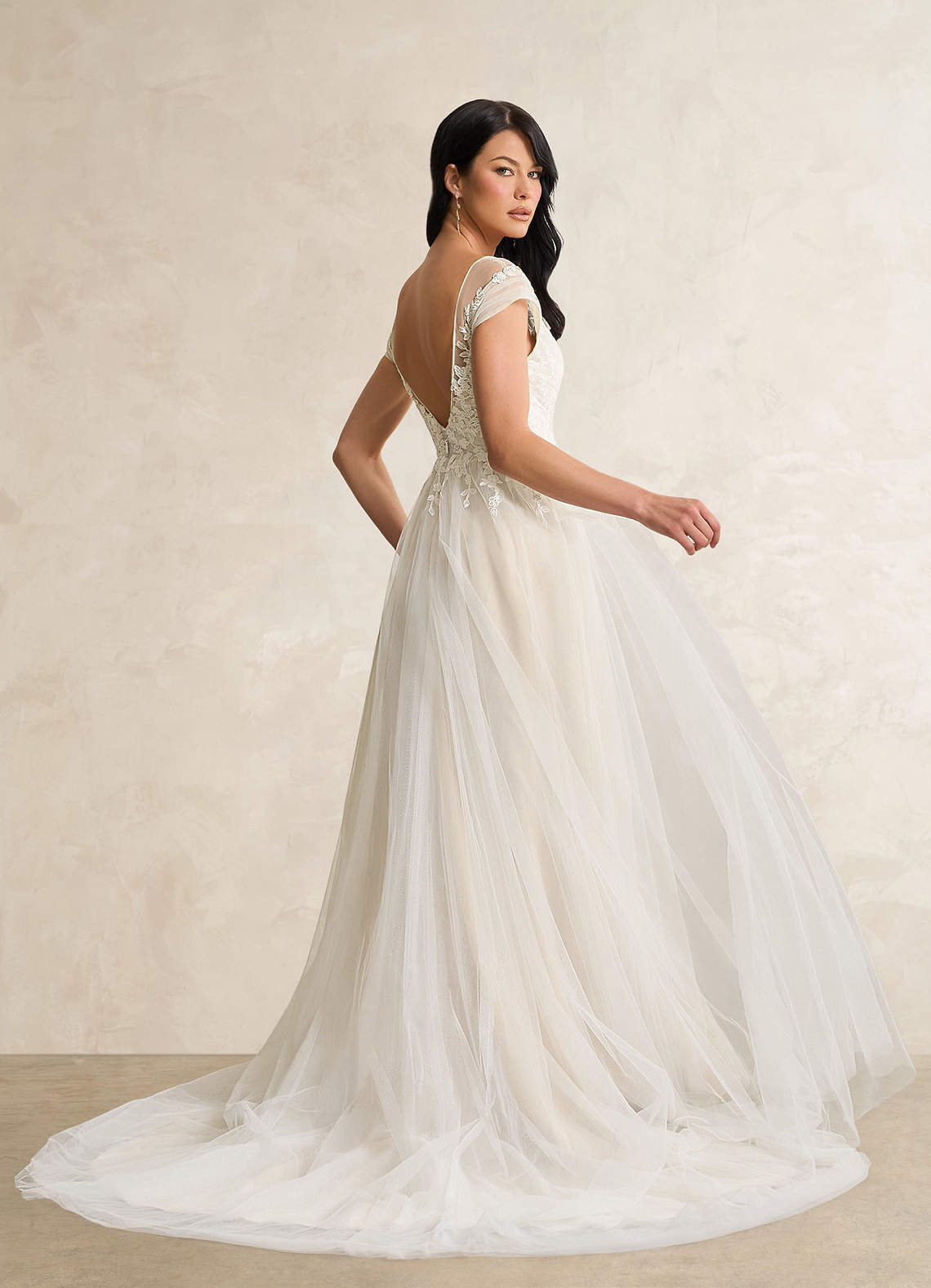 Diamond White Champagne A-Line V-Neck Tulle Dress