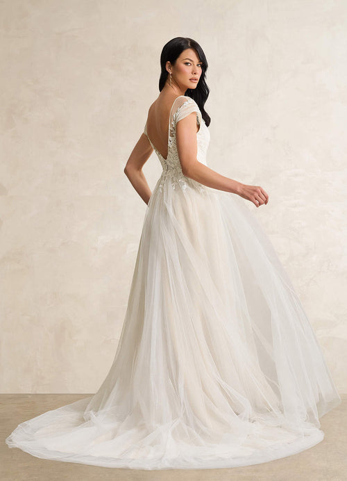 Diamond White Champagne A-Line V-Neck Tulle Dress
