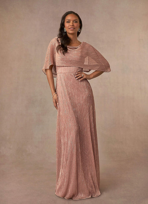 Rose Gold A-Line Cowl Cape Metallic Mesh Dress