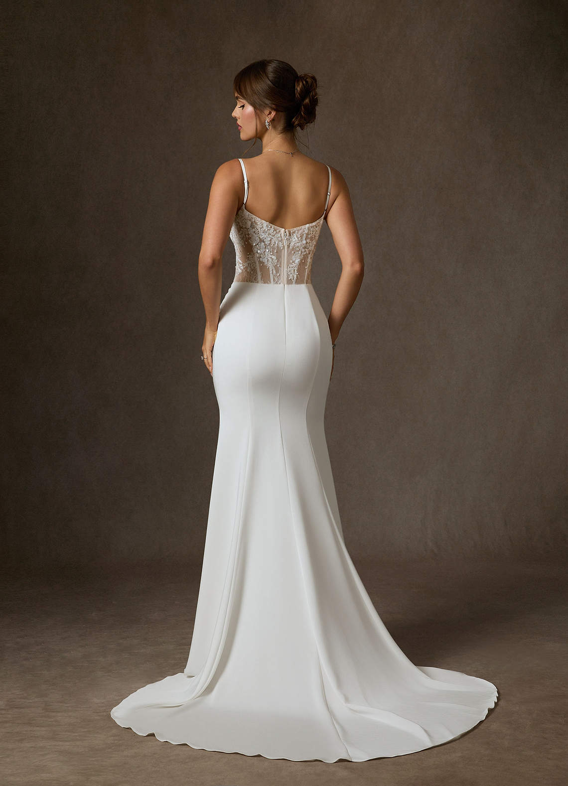 Diamond White Nude Mermaid Off the Shoulder Crepe Back Satin Dress