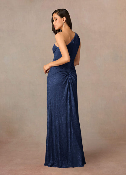 Dark Navy Sheath One Shoulder Metallic Mesh Dress