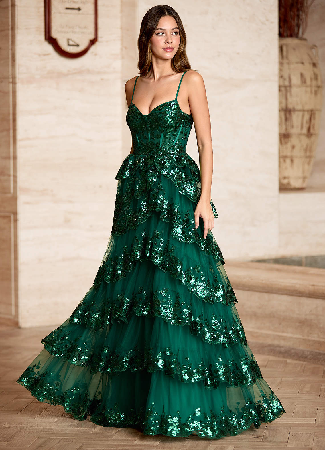 Tindra Green Sequins Ruffles Prom Dress  Dress
