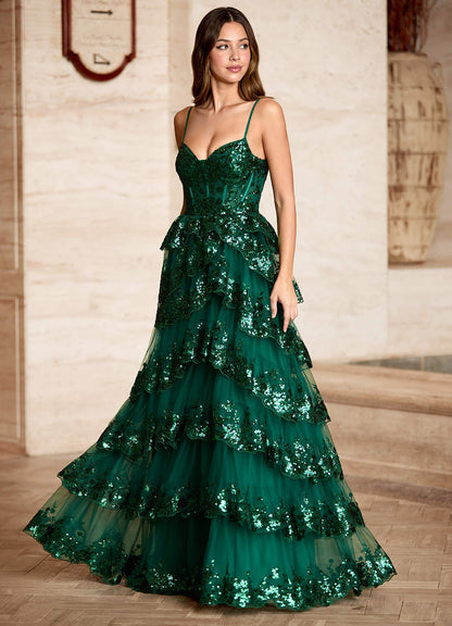 Tindra Green Sequins Ruffles Prom Dress  Dress