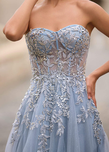 Celeste Dusty Blue Rhinestone Sheer Lace Prom Dress  Dress