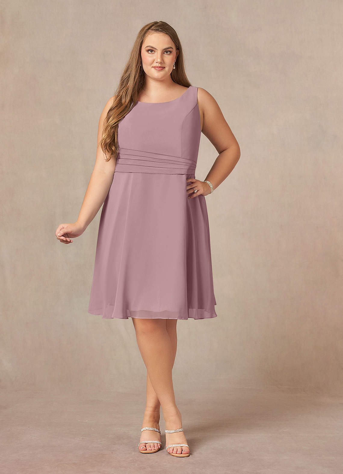 Dusty Rose A-Line Scoop Pleated Chiffon Dress