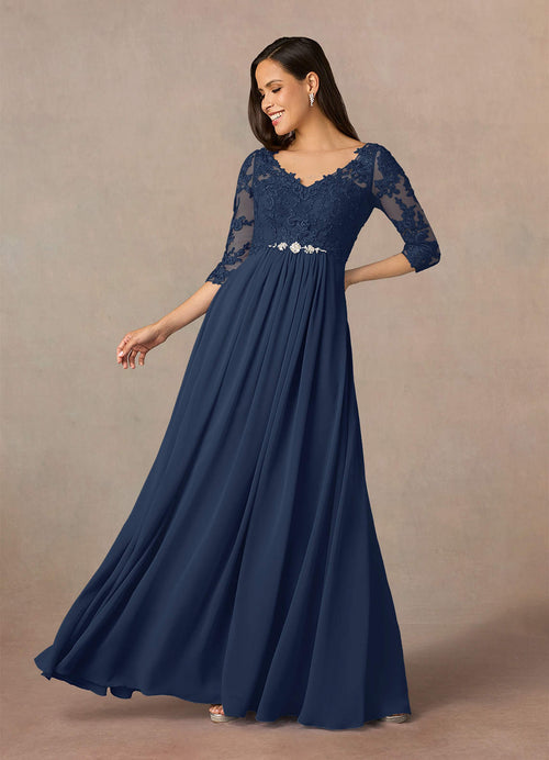 Dark Navy A-Line V-Neck Lace Chiffon Dress